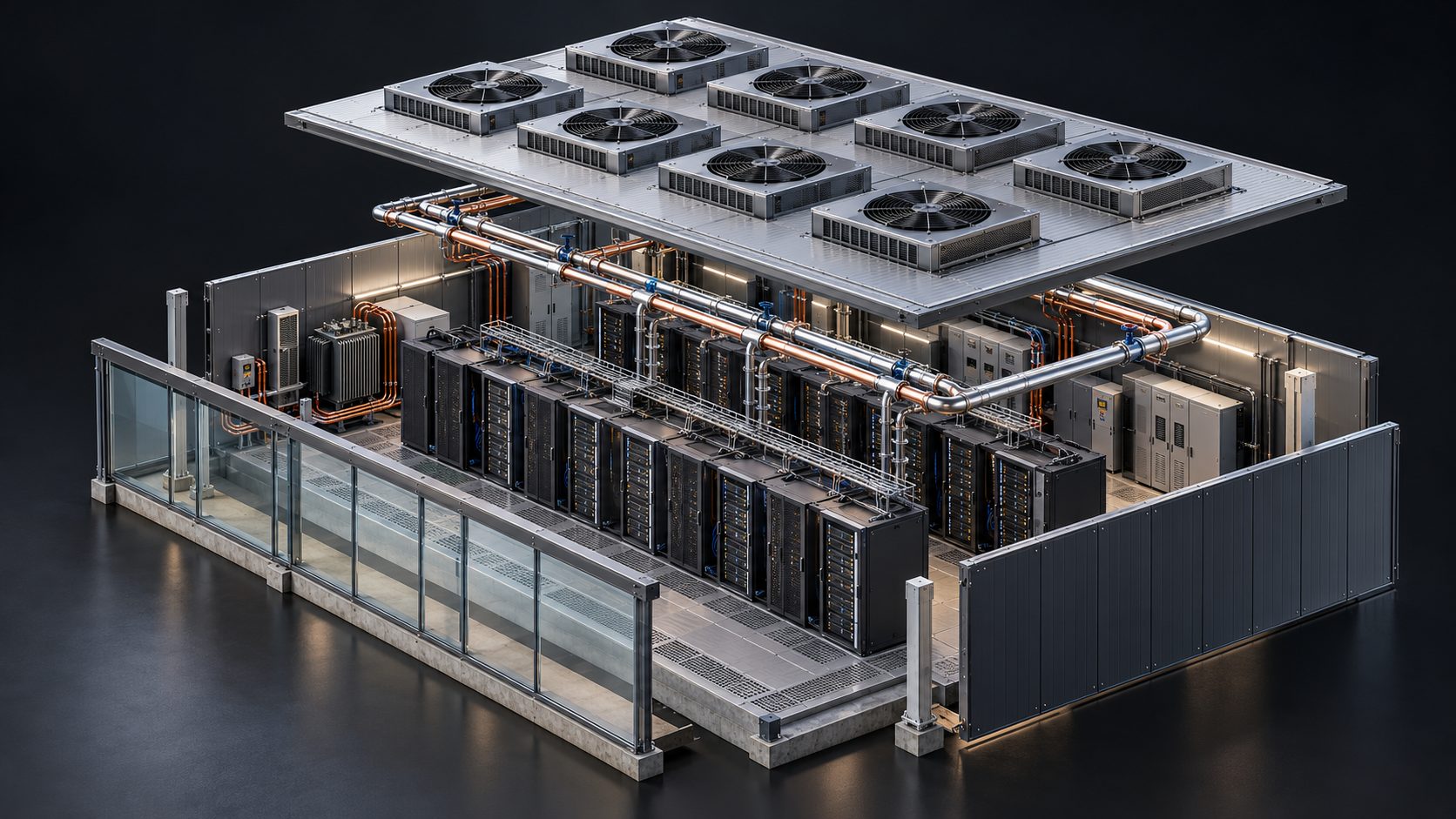 Conceptual exploded data-centre model revealing cooling, racks and power infrastructure