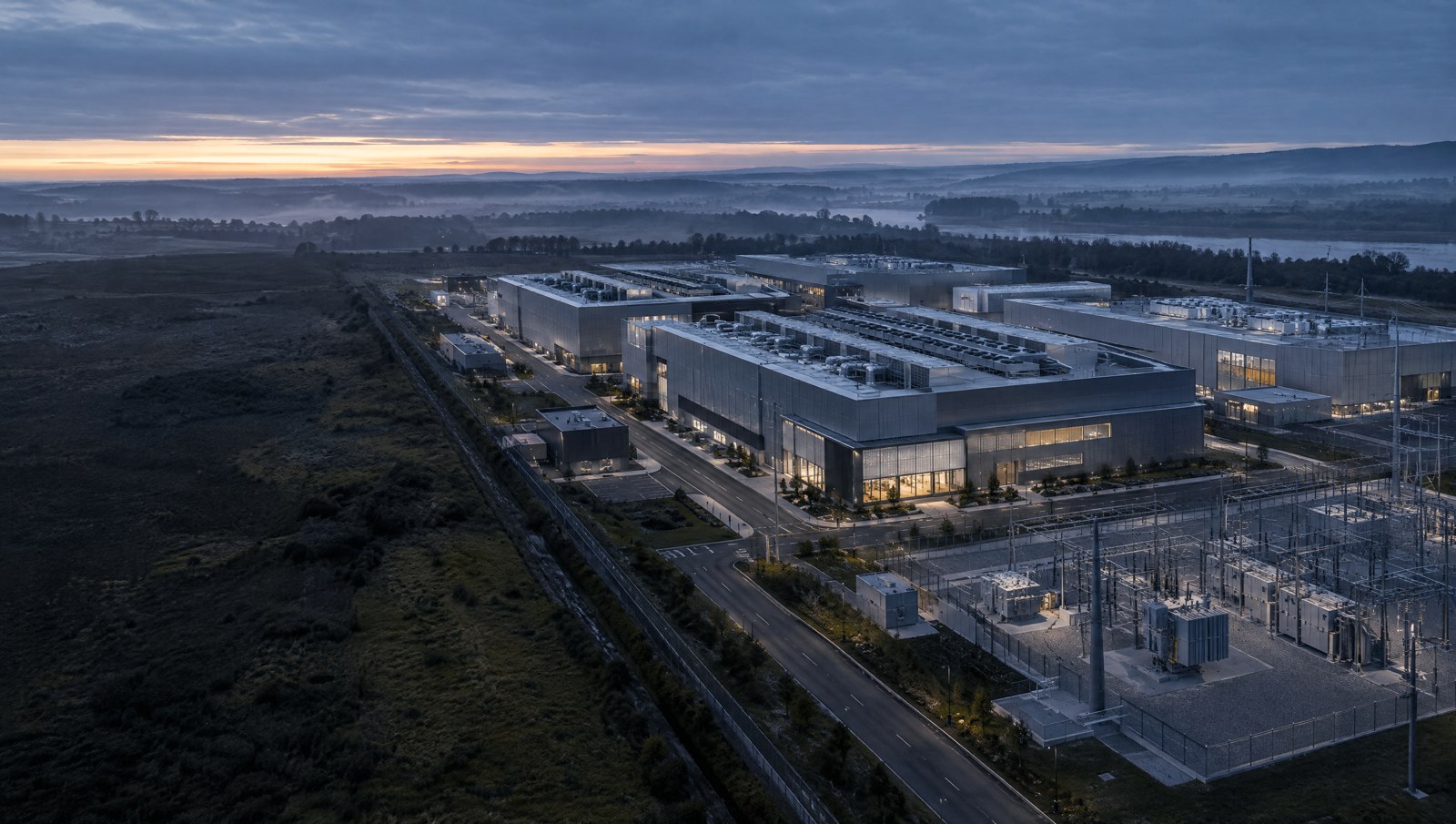 Conceptual architectural study of a data-centre campus beside a substation at dawn
